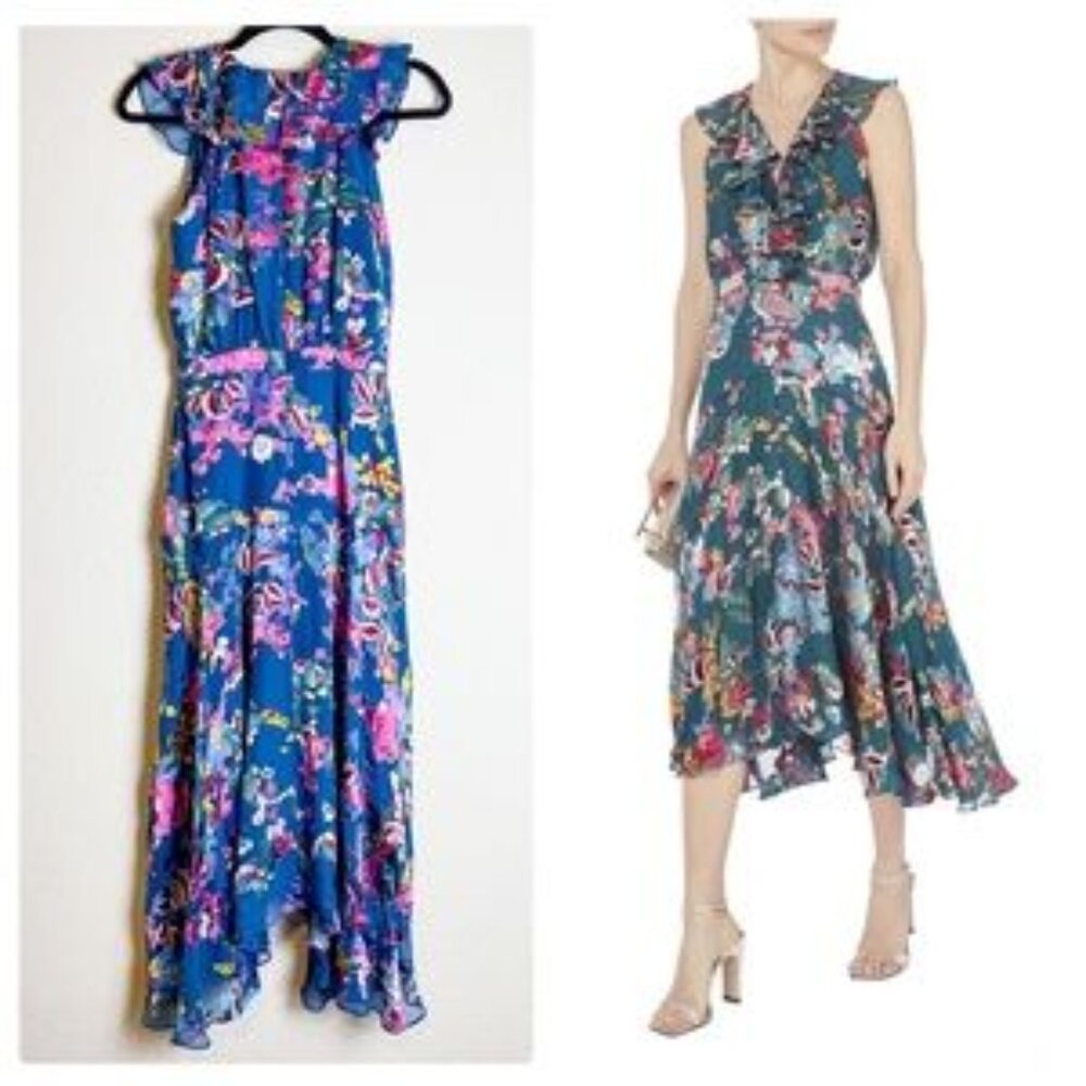 Saloni Rita Floral Silk Midi Dress Ruffle Chiffon Blue Size 2